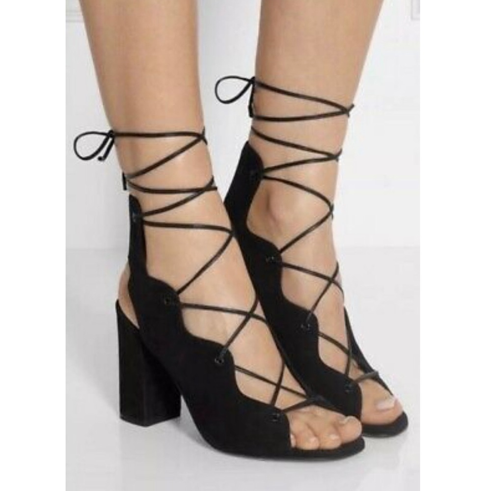 💛Saint Laurent Blk Suede Block Heel Lace Sandals - Picture 2 of 12